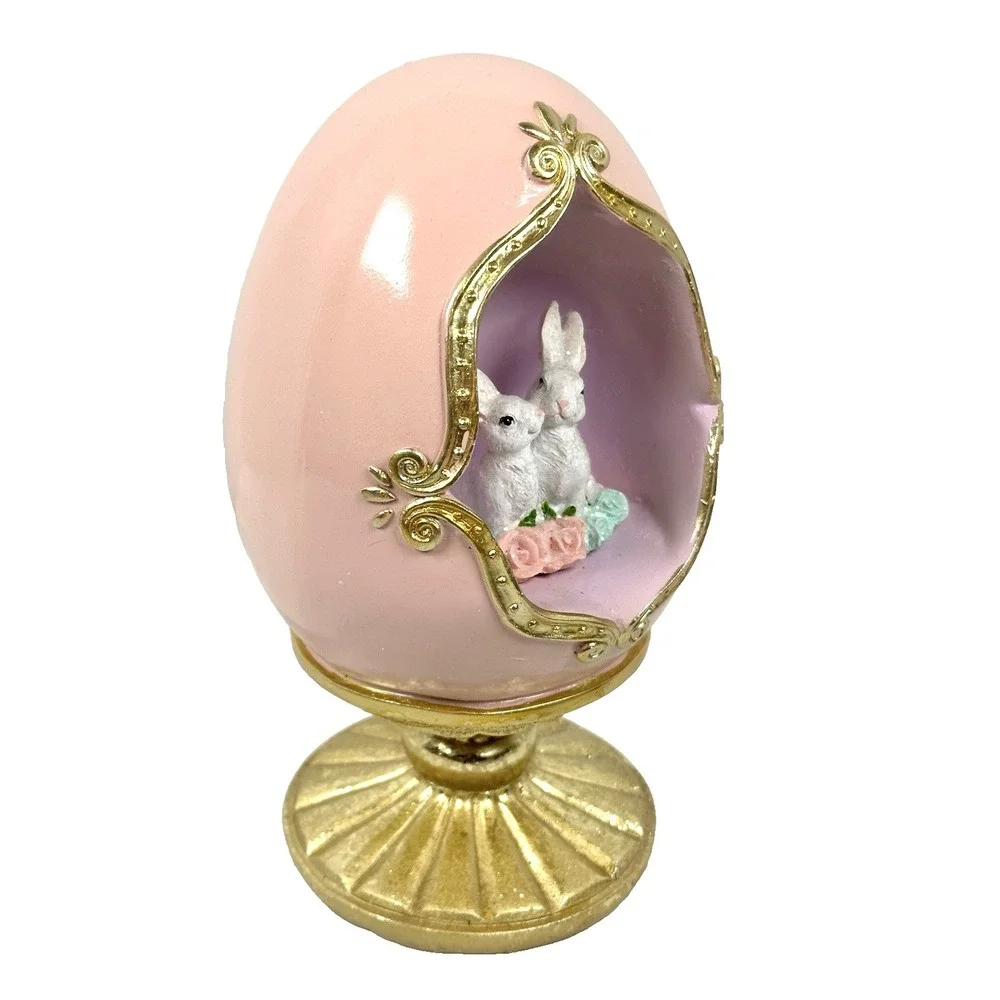 Easter Egg Bunny Figurine Pink Gold Pedestal Spring Easter Decor Two Rabbits